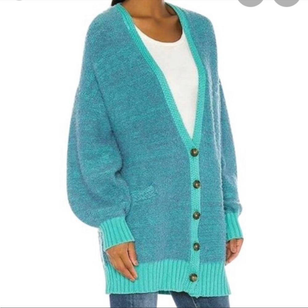 Free People Snow Drop Cardigan Slouchy Oversized Grandpa Sweater Size M Blue - Picture 3 of 15